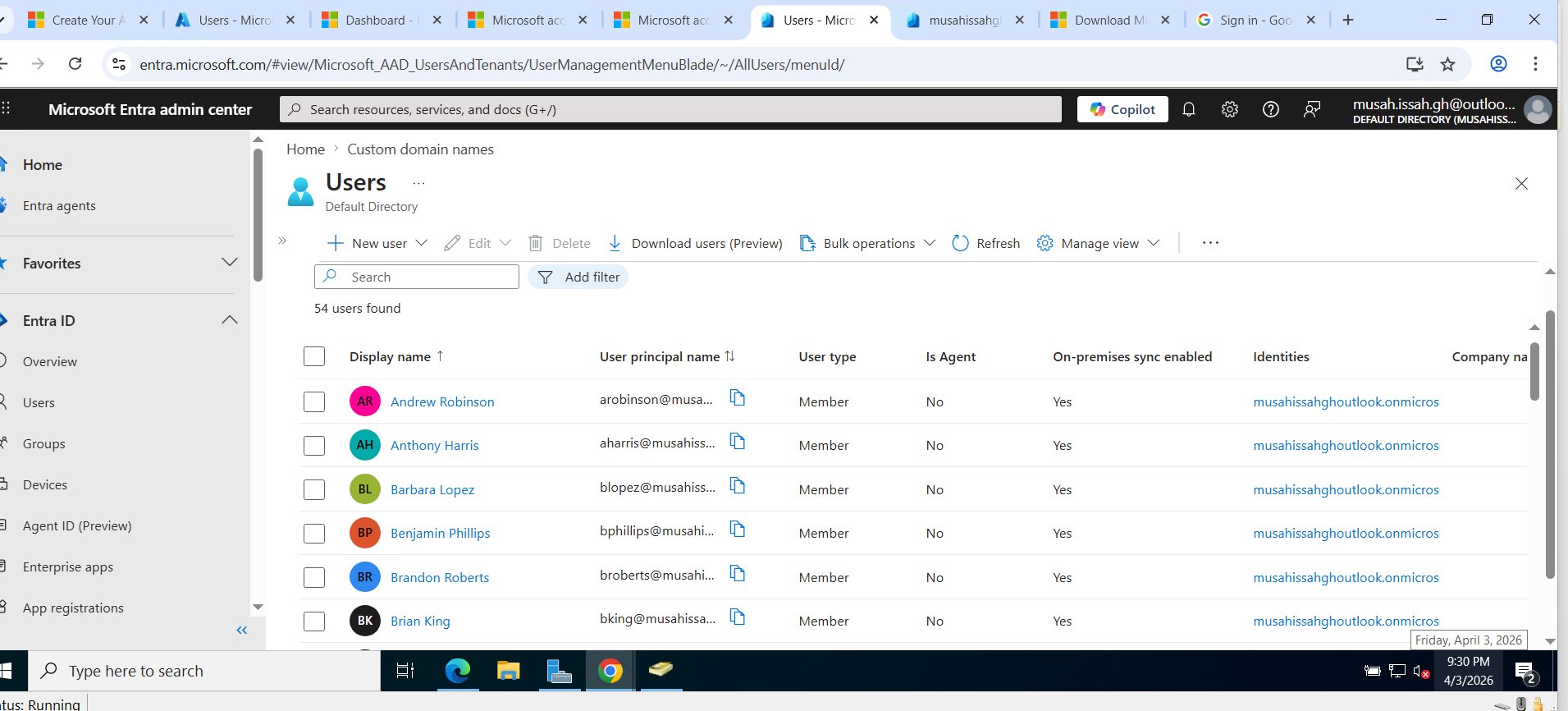 Azure 中已同步的用户