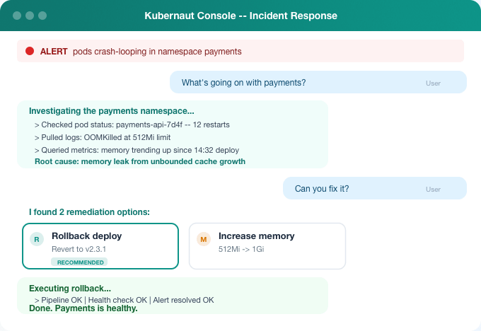 交互式控制台 — 从告警到修复的对话流程
