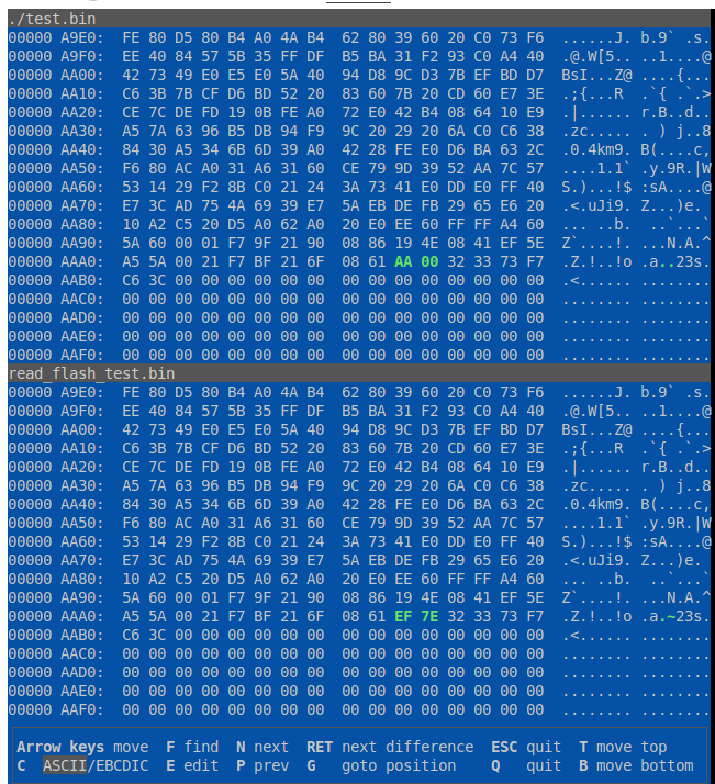 Diff showing 0xAA being written into flash