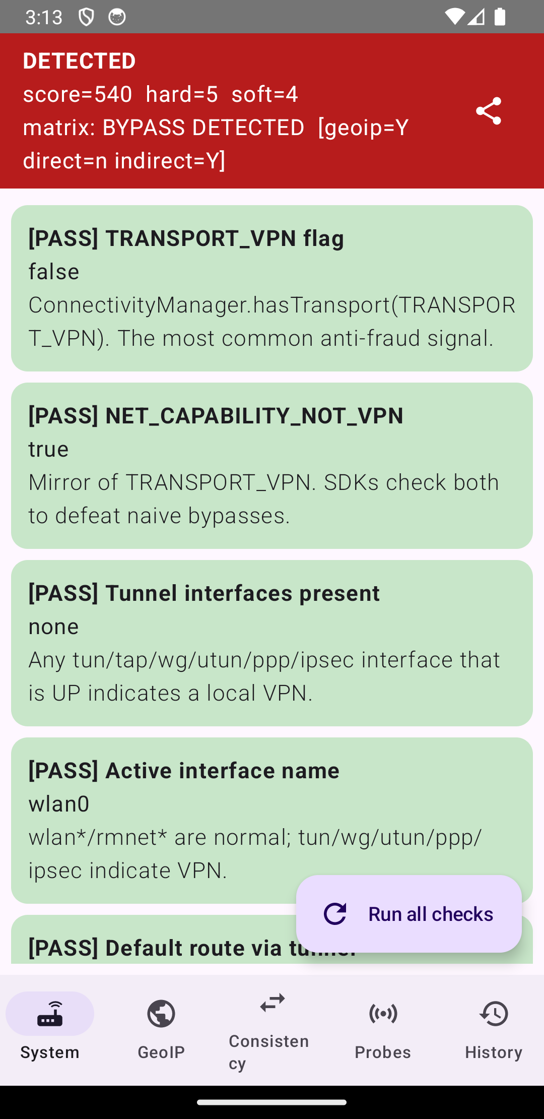 VPN detection system checks — TRANSPORT_VPN, tunnel interfaces, routing