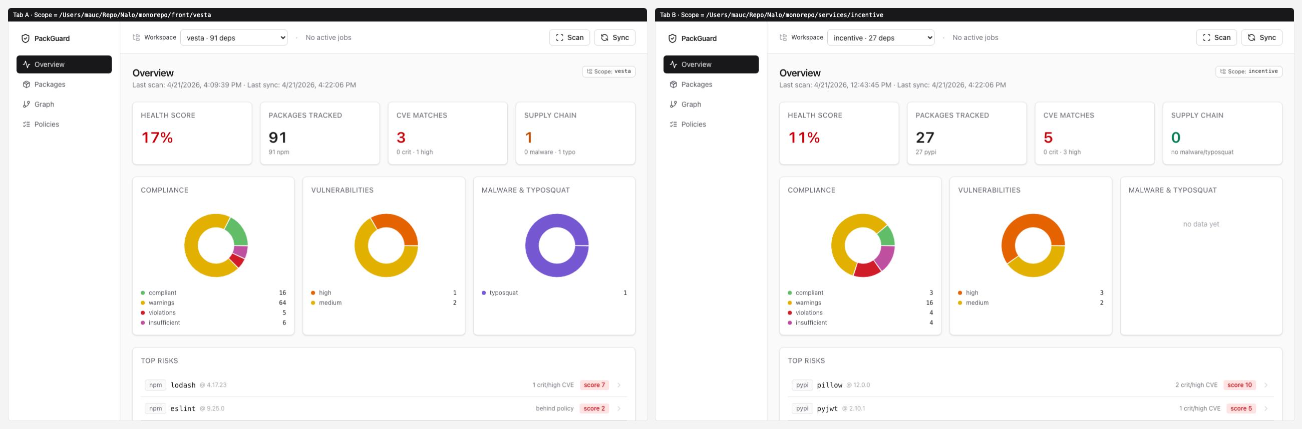 概览范围并排 — 91 个依赖 vs 27 个依赖,同一个存储,两个标签页