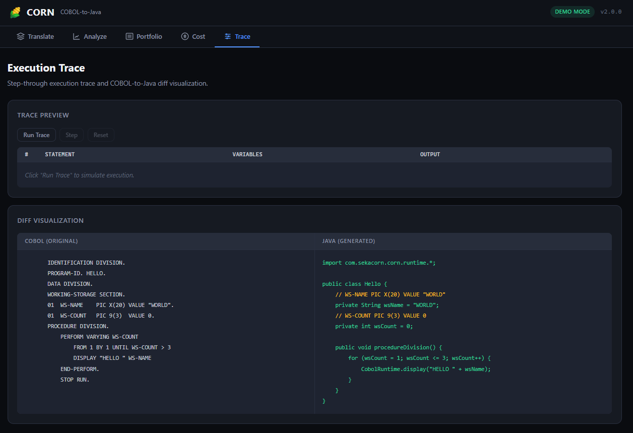 Corn Execution Trace — 逐步跟踪与差异可视化