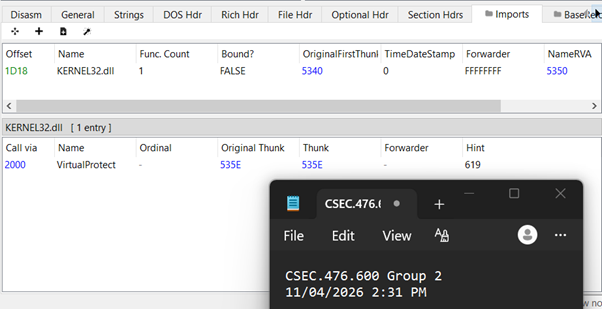 PE-bear imports tab showing a single entry: KERNEL32.dll!VirtualProtect