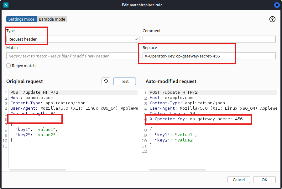 Burp Suite Match and Replace rule