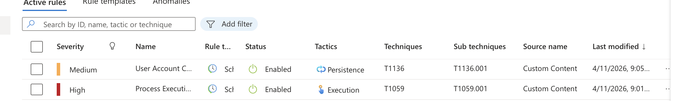 Sentinel Analytics — 两项规则均显示 Active 状态
