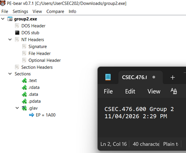 PE-bear tree view showing DOS Header, NT Headers, Section Headers, and five sections ending with .glav containing the entry point