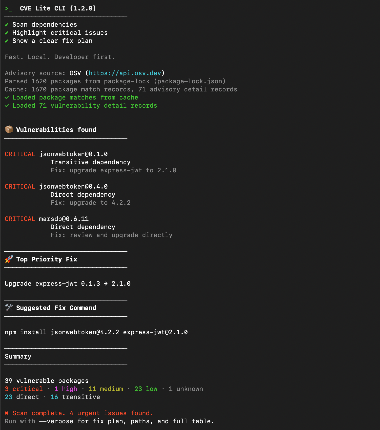 CVE Lite CLI default output screenshot