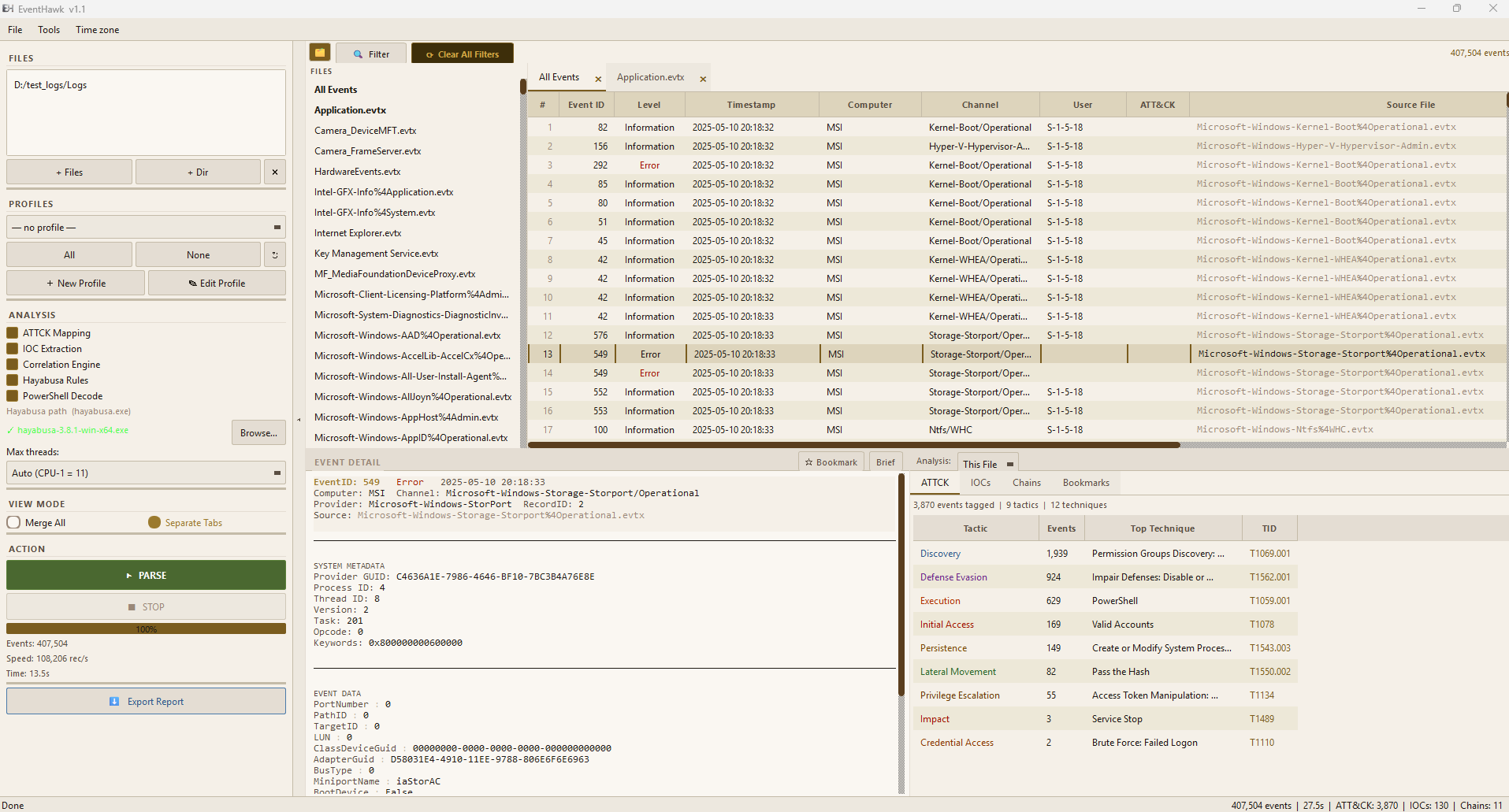 EventHawk main window — full 3-panel layout with events loaded