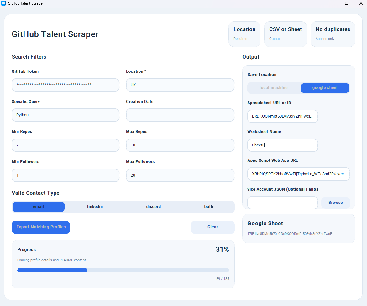 GitHub Talent Scraper,已选择 Google Sheets 导出