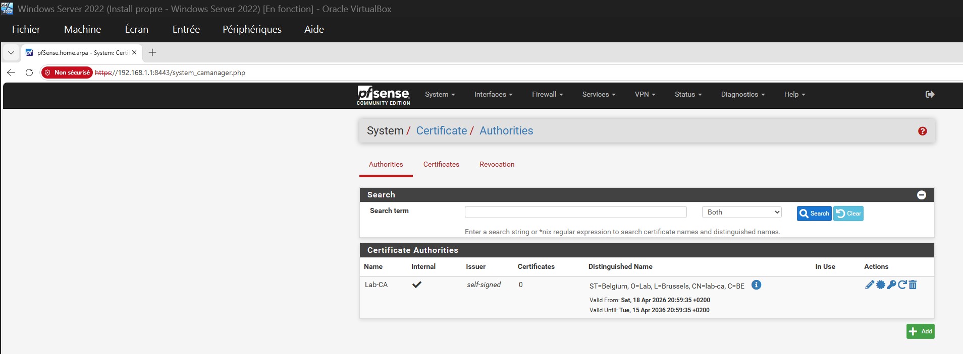 Lab-CA — 列出的内部 CA