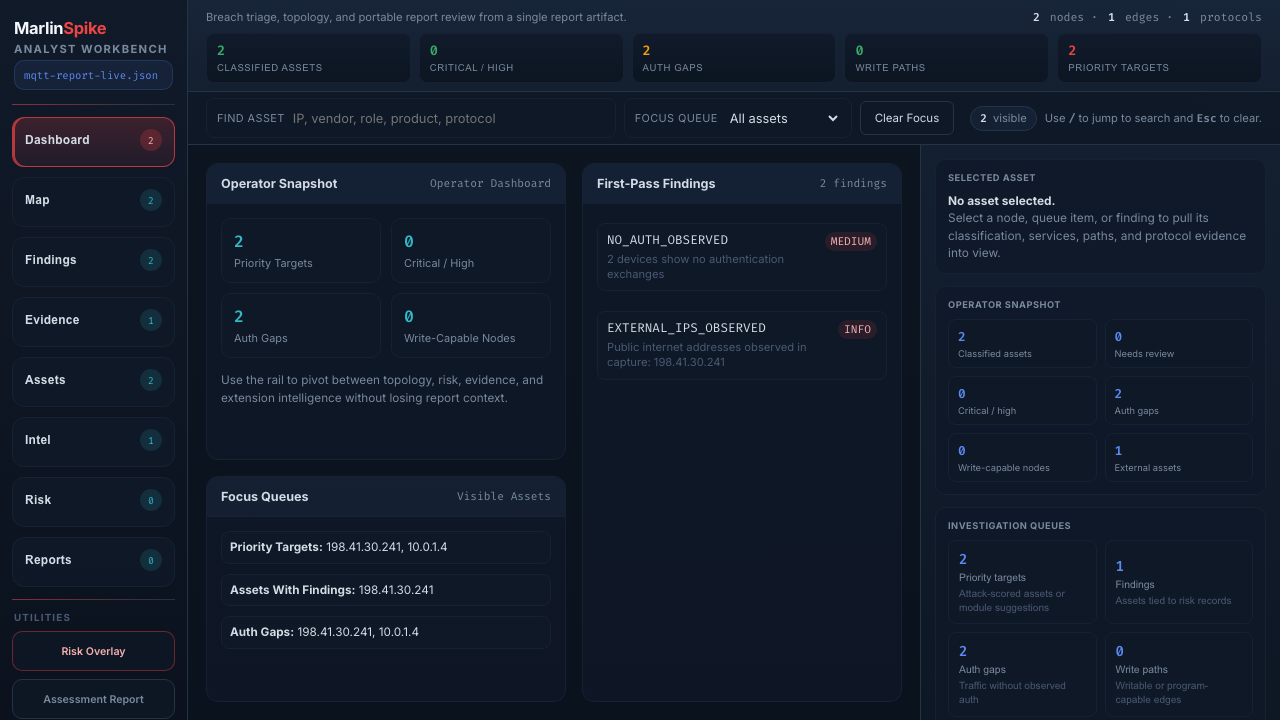 Operator shell with left navigation, compact status strip, and persistent inspector