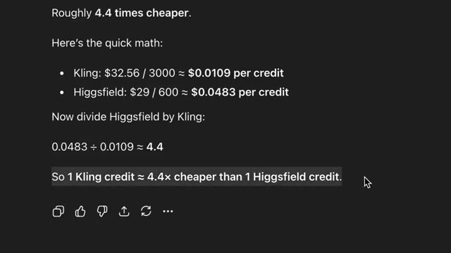 价格对比:Higgsfield 与 Kling — 4.4 倍加价