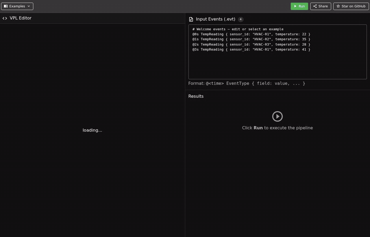 Varpulis Playground — detect rising temperatures with .increasing()