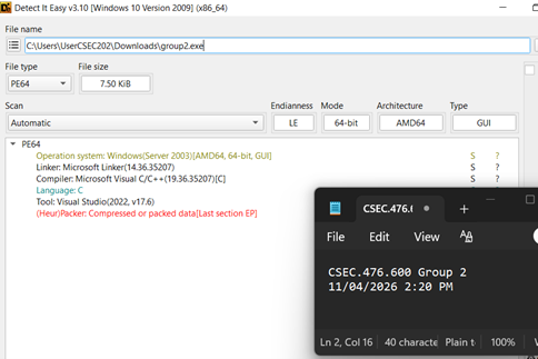 Detect It Easy on group2.exe reporting PE64 AMD64 GUI, MSVC 19.36.35207, Visual Studio 2022 v17.6, and a packer heuristic