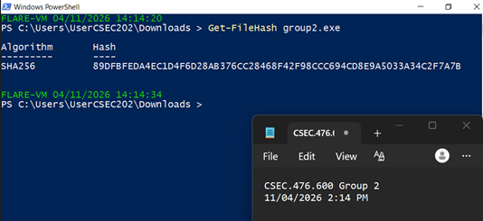 PowerShell Get-FileHash computing SHA-256 of the extracted group2.exe