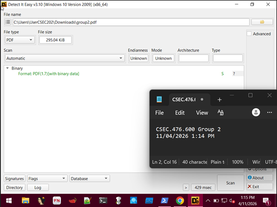 Detect It Easy identifying group2.pdf as PDF 1.7 with binary data