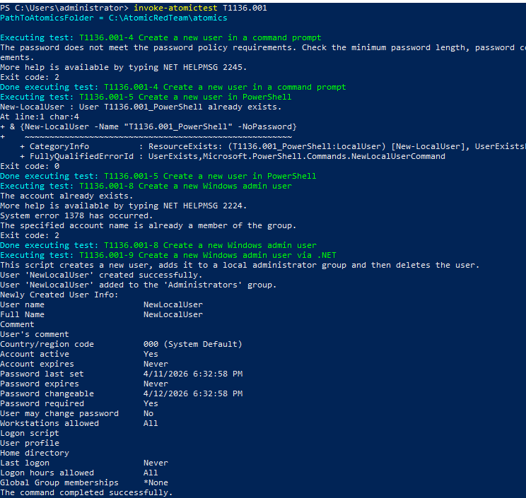 Atomic Red Team — T1136.001 本地账户创建测试运行