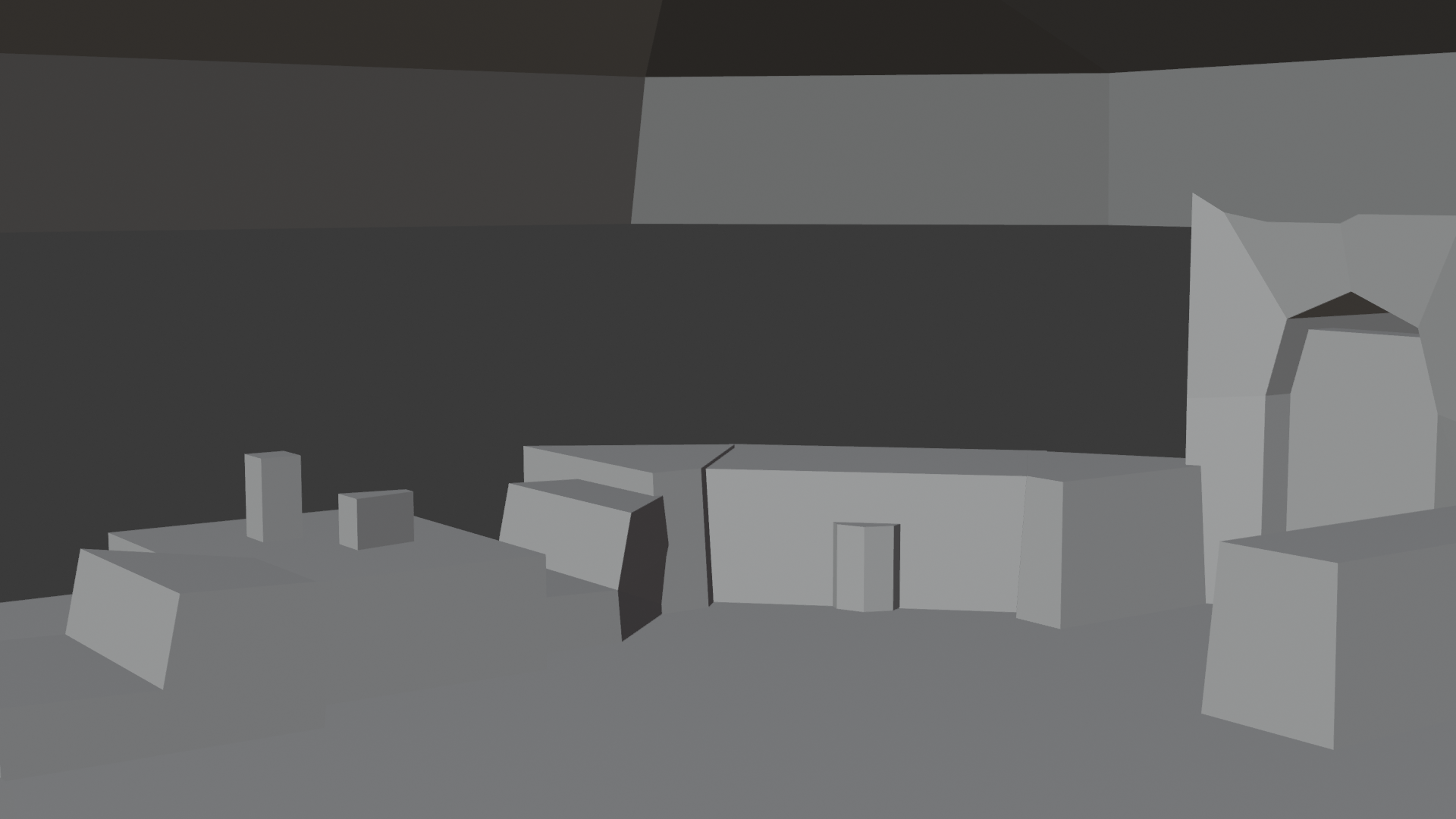与上方图像描述相同的场景,但以灰暗、块状风格显示。没有动画。每个关键场景元素(如长凳、条凳和门)都被替换为其整体形状的凸近似体,表示游戏引擎使用的隐形碰撞几何体。