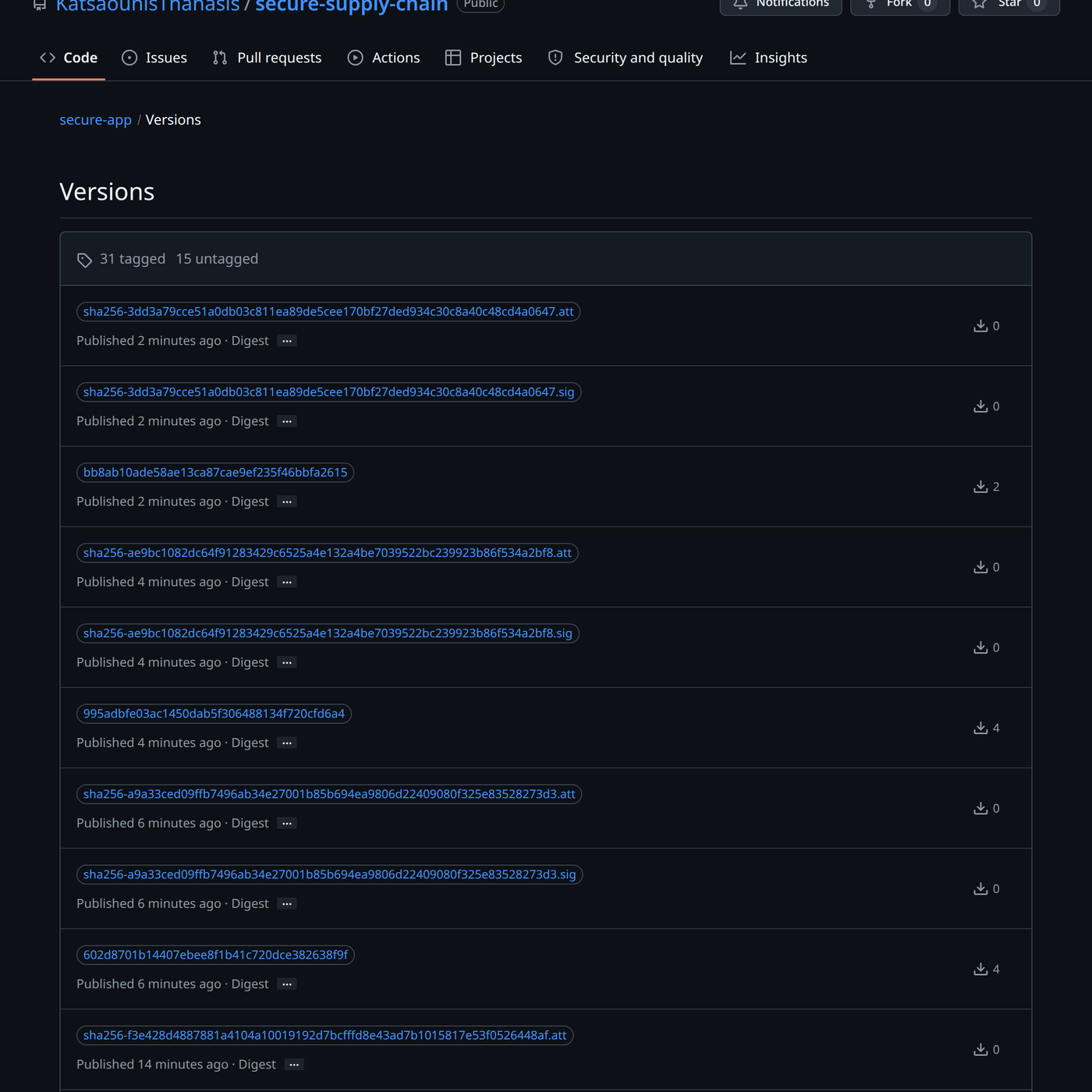 GHCR package showing signed image versions and SBOM attestations