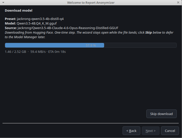 Wizard model-download step downloading Qwen3.5-4B Q4_K_M GGUF (1.46 of 2.52 GB at 59.4 MB per second), with progress bar, ETA and a Skip download button.