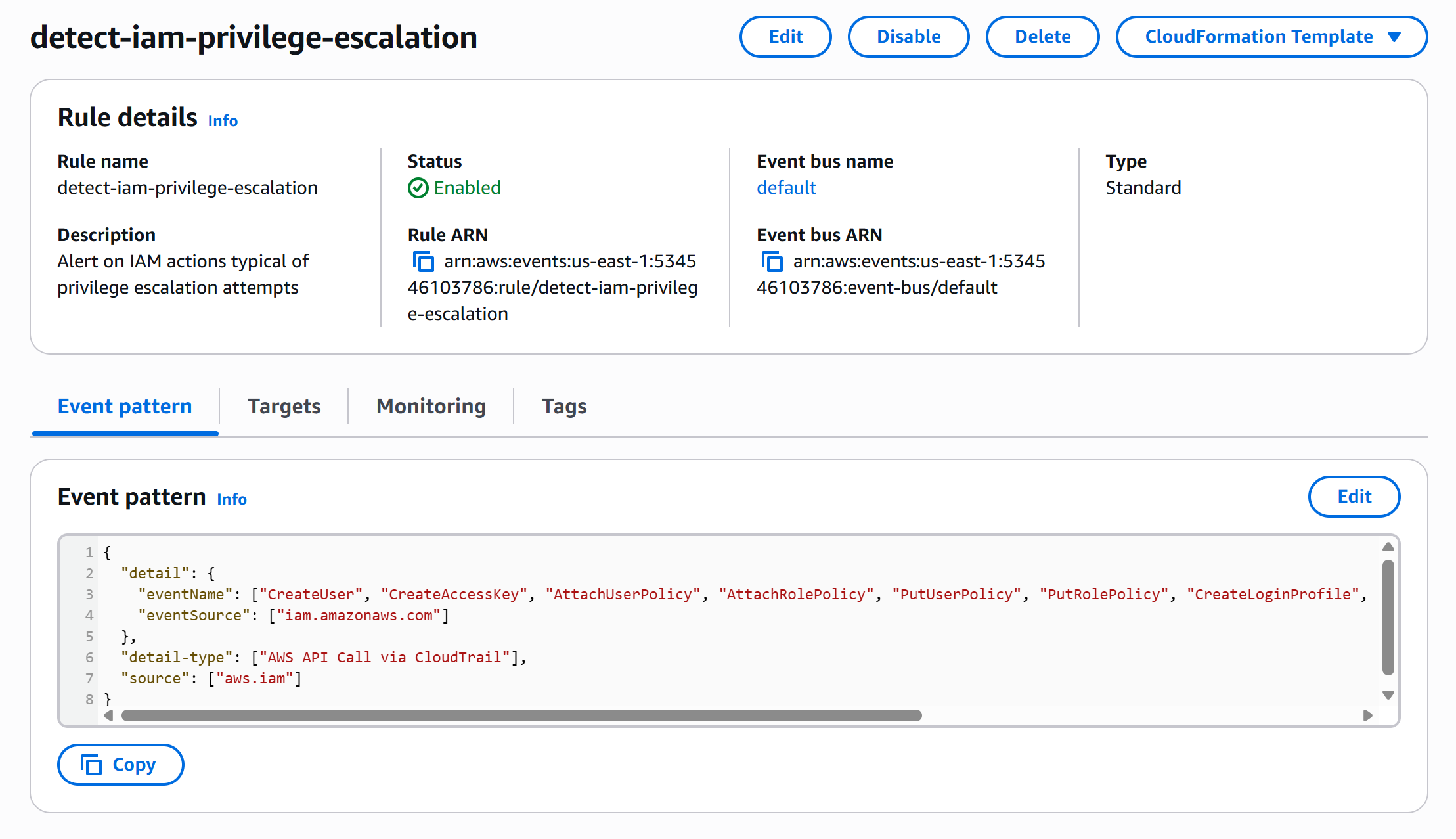 EventBridge custom detection rules deployed and active