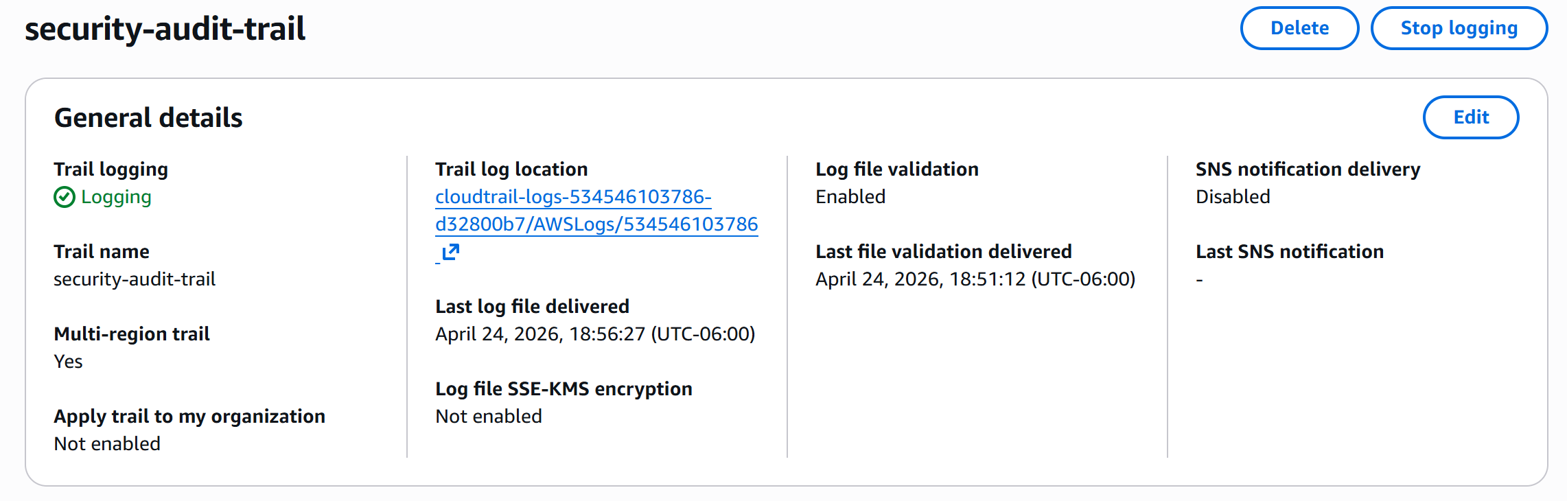 CloudTrail dashboard showing multi-region trail with log file validation enabled