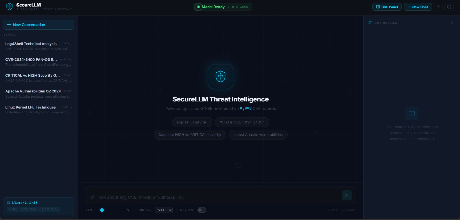 SecureLLM V1 Cyber Navy empty state — clean FAANG-style dark UI