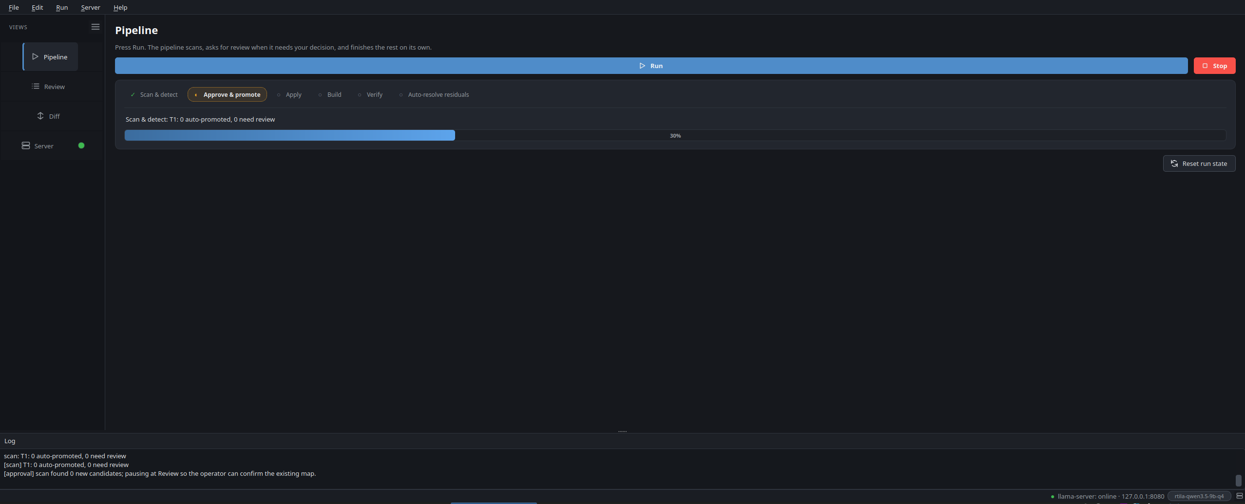 Pipeline view paused at Approve and promote: visual stepper with Scan and detect ticked, Approve and promote highlighted, progress bar at 30 percent. The run log shows 18 auto-promoted candidates and 2 pending review.