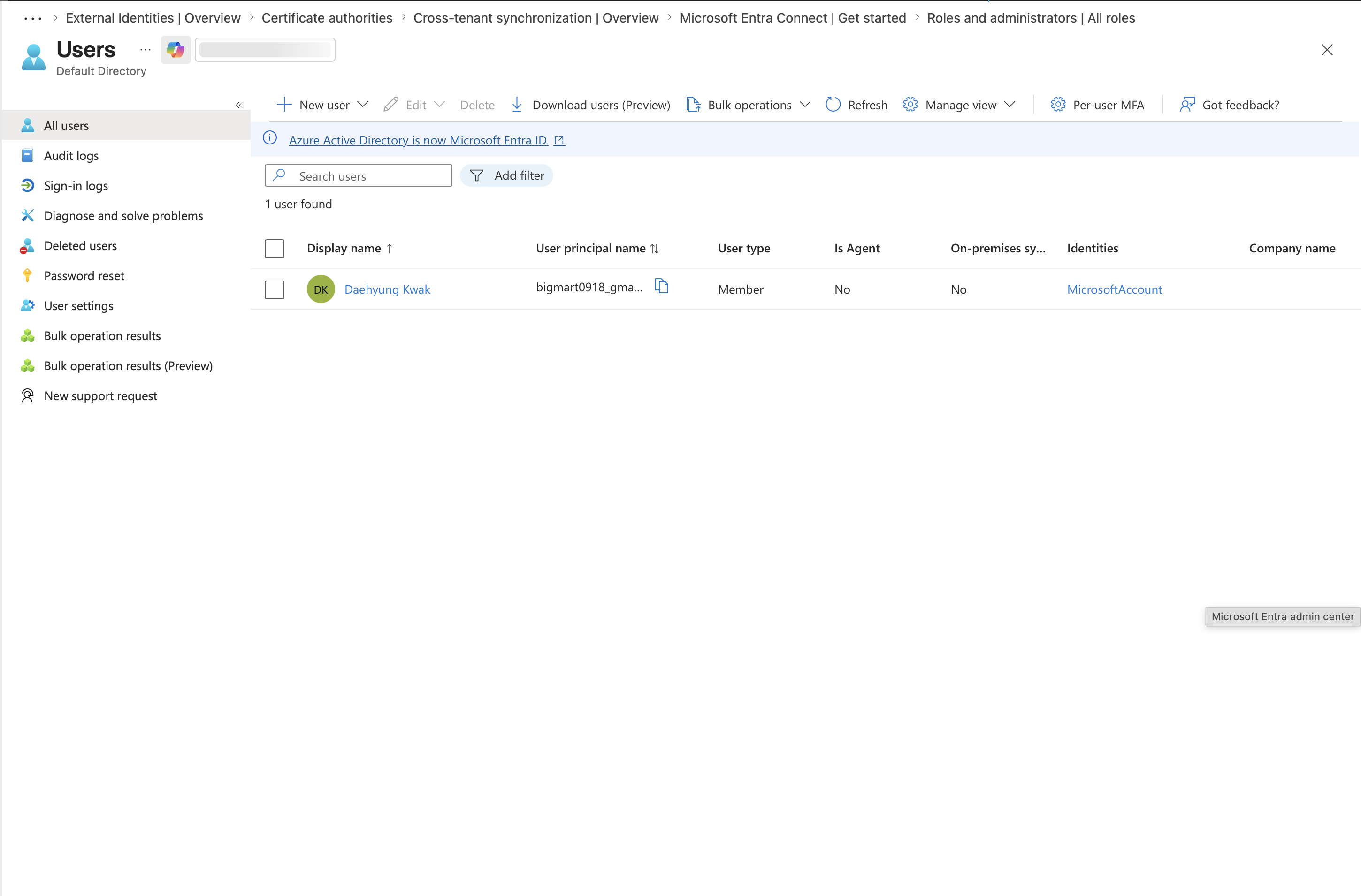 entra users before sync default directory attached