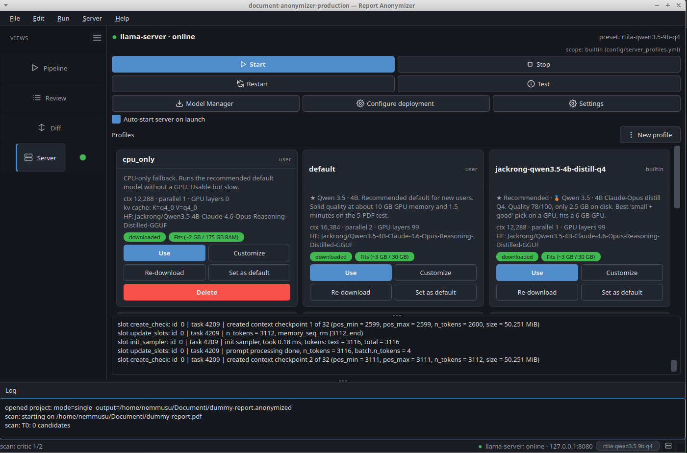 Server panel with the preset gallery: cpu_only, default and the highlighted jackrong-qwen3.5-4b-distill-q4 card. Each card shows quality score, VRAM fit, downloaded badge and Use, Customize, Re-download, Set as default actions.