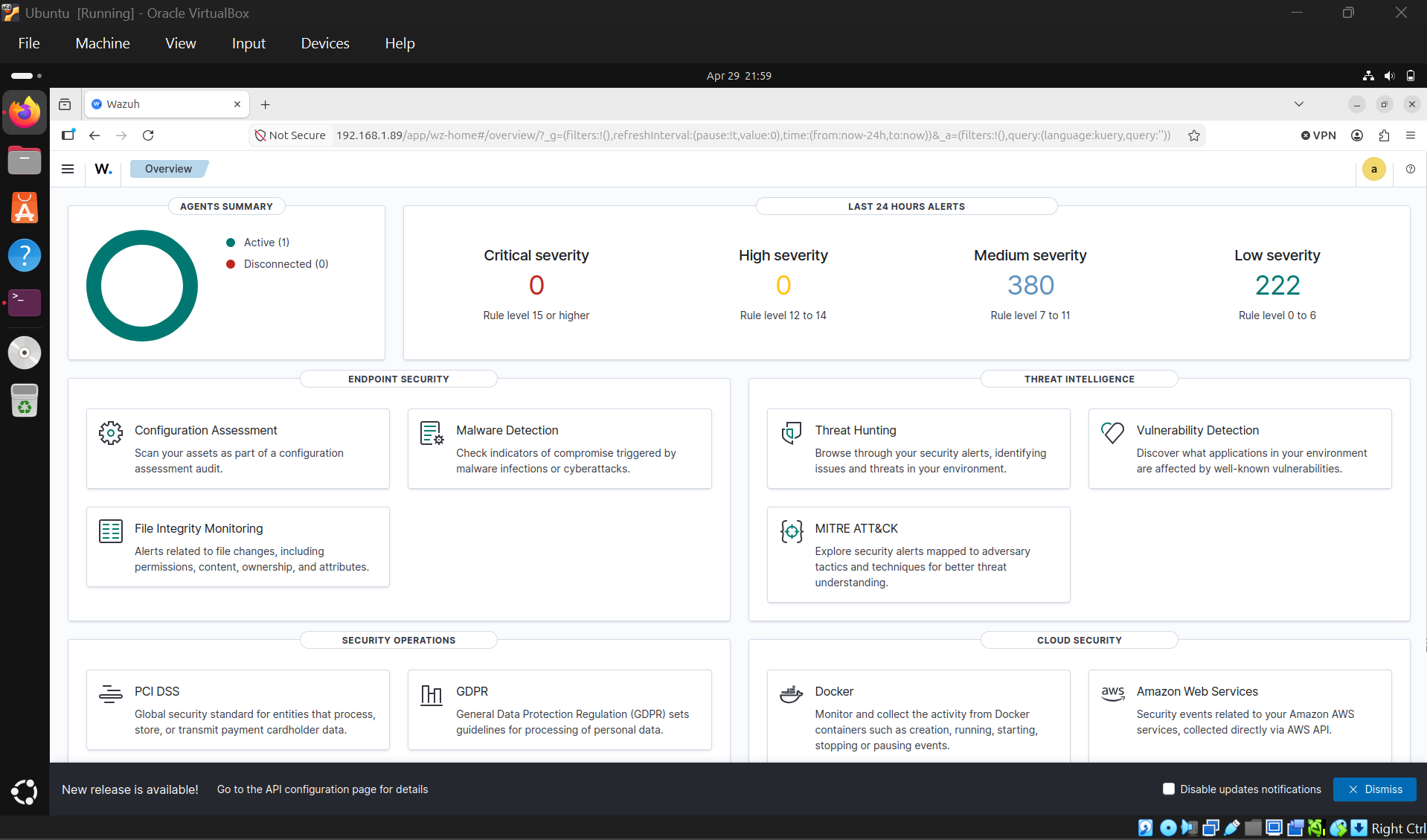 Wazuh 仪表板显示 1 个活跃代理,在 24 小时内有 380 个中等和 222 个低严重性警报
