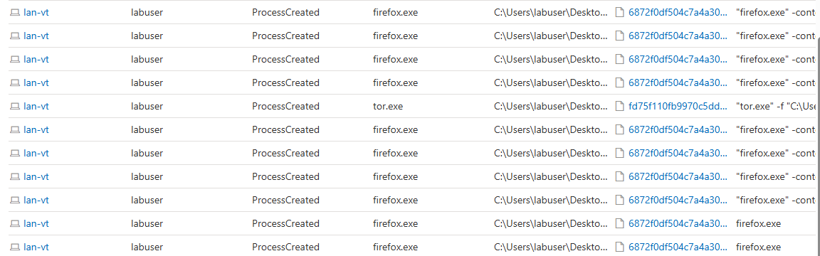 Multiple firefox.exe and tor.exe processes spawning on lan-vt under the labuser account