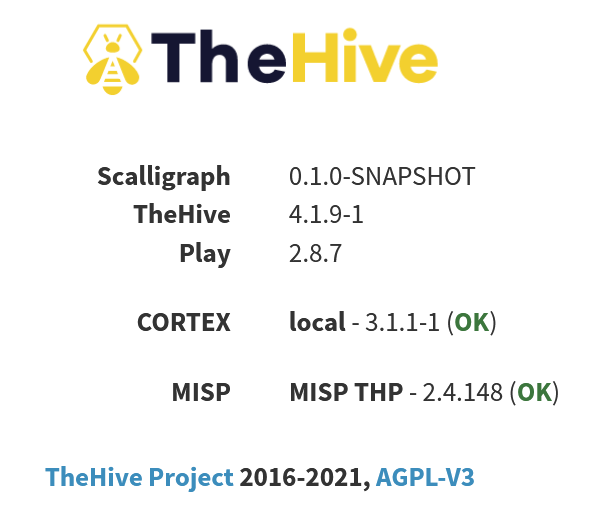 TheHive About window showing connector IDs