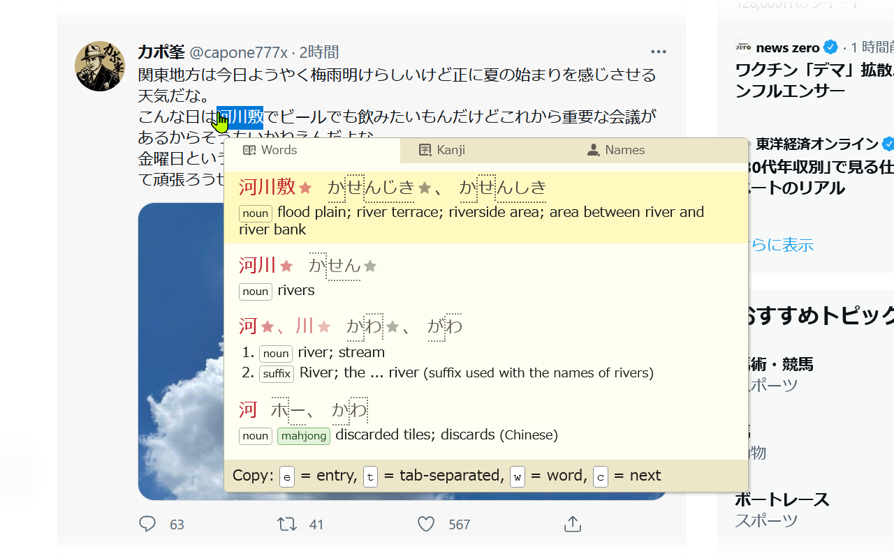 显示选中河川敷及各种可用复制格式的截图