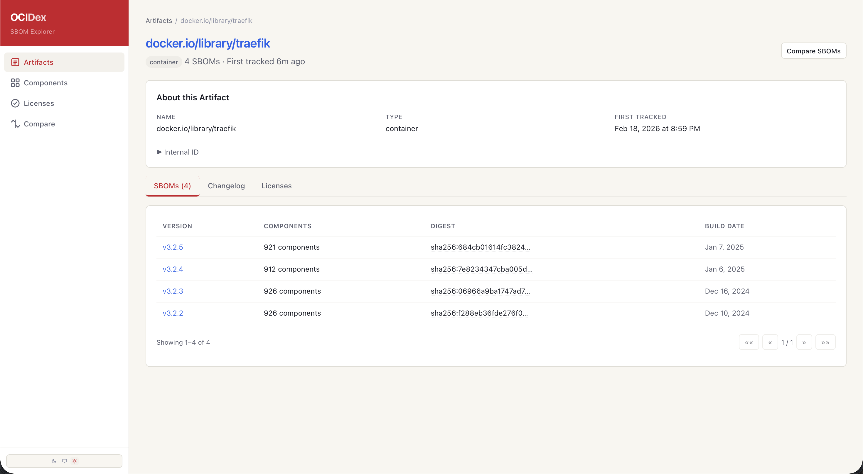 OCIDex dashboard showing artifact list