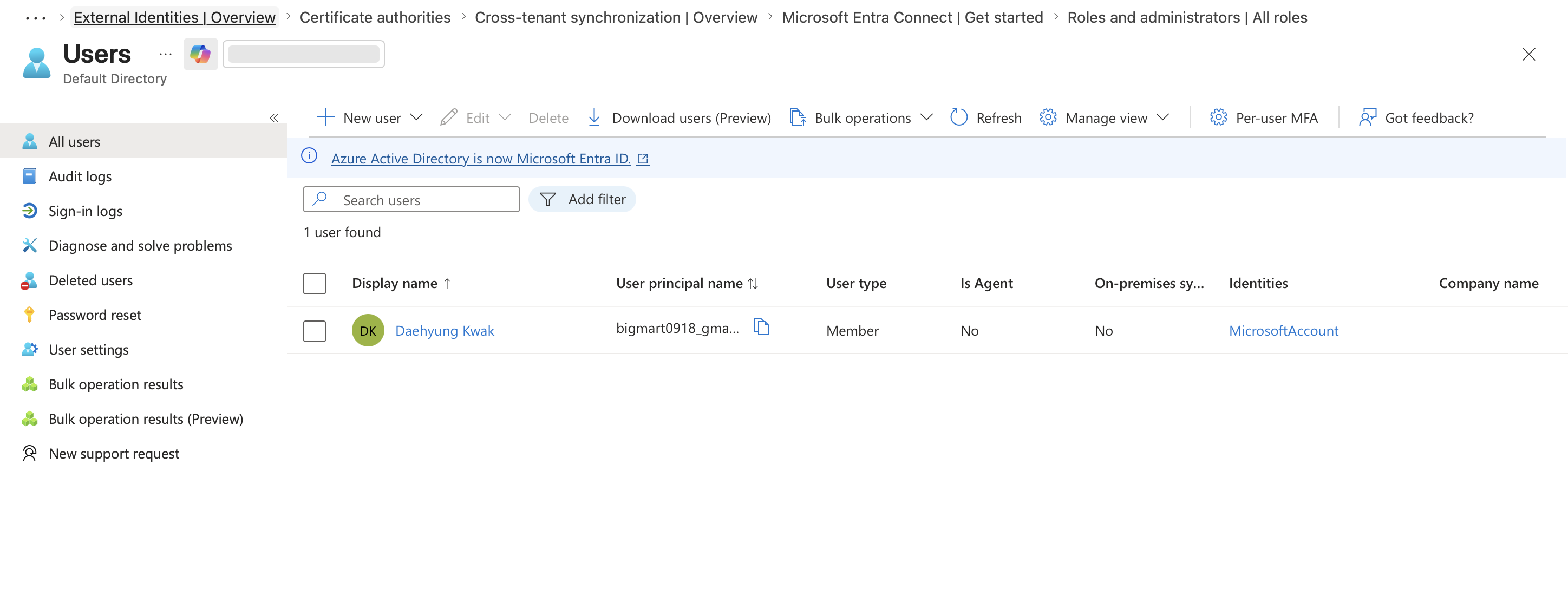 entra users before sync default directory