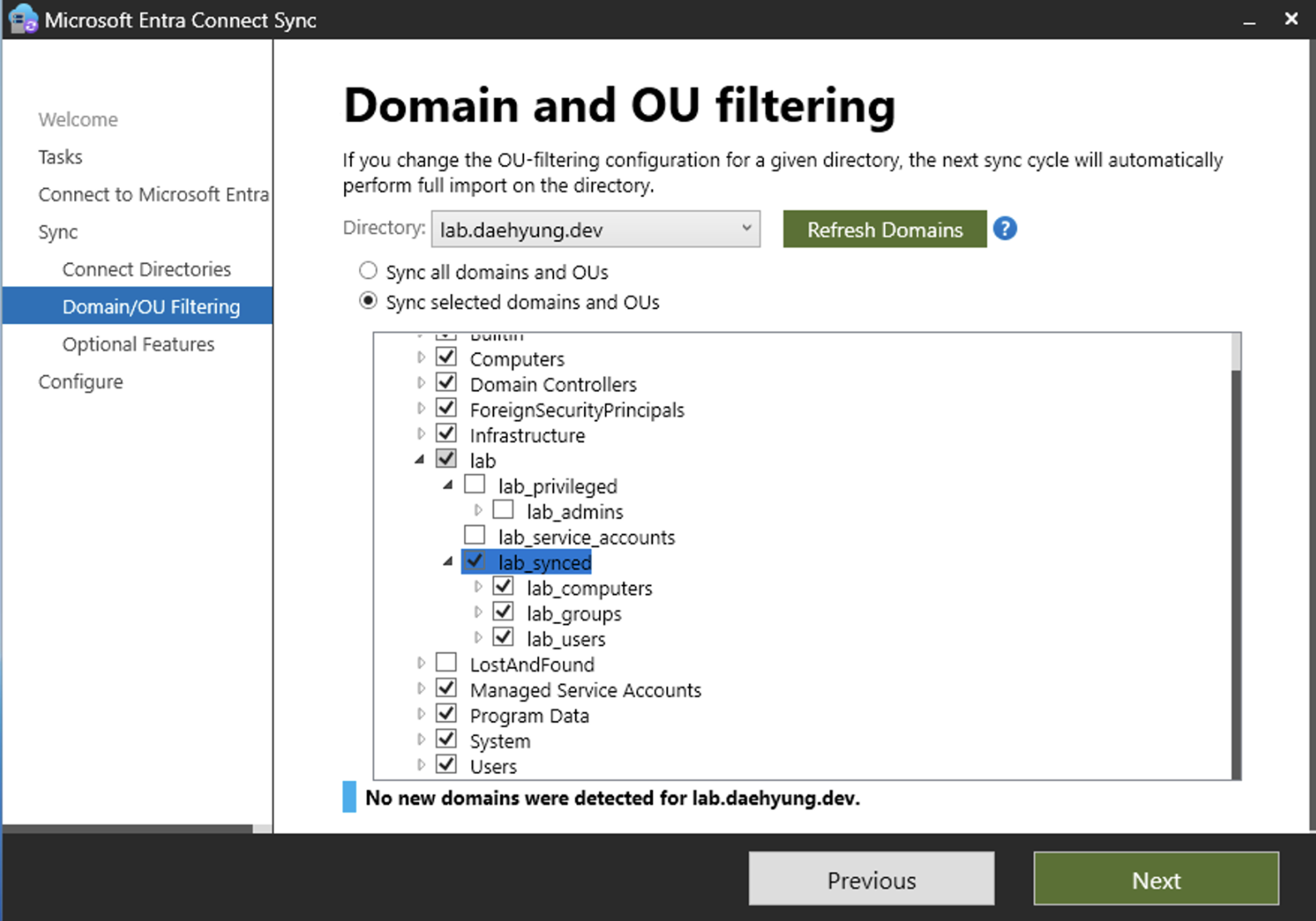 entra connect ou filtering lab synced