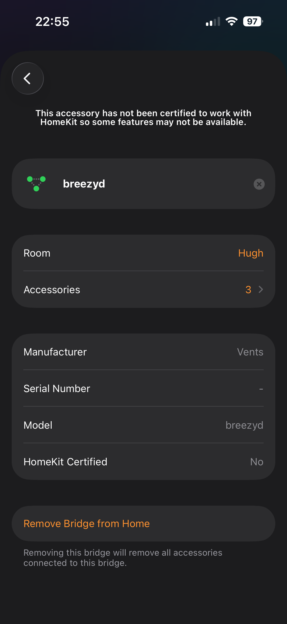 HomeKit bridge details in iOS Home — "breezyd" bridge with 3 accessories