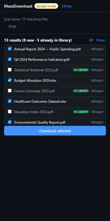 Scan results with already-in-library badges