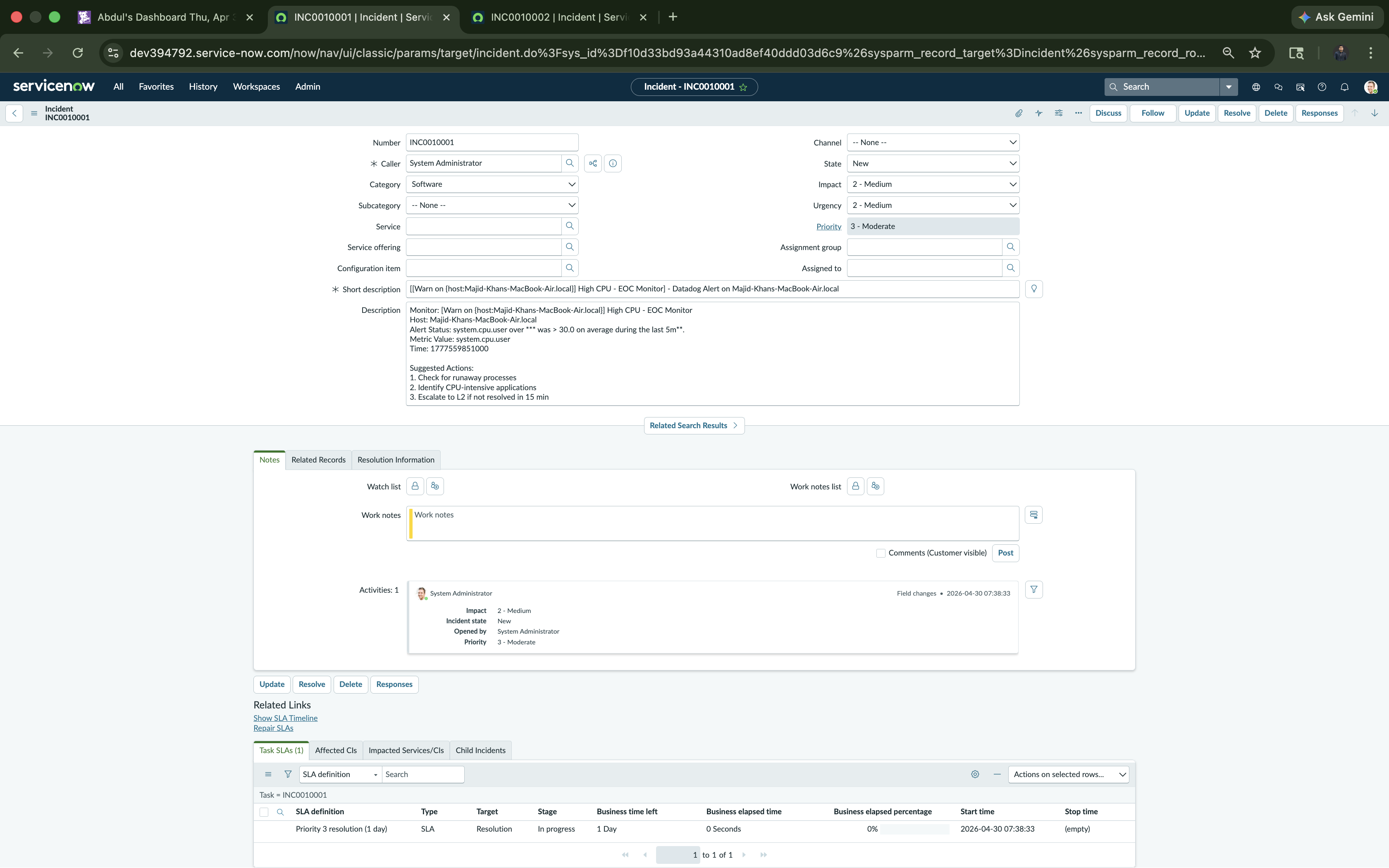 ServiceNow 事件详情