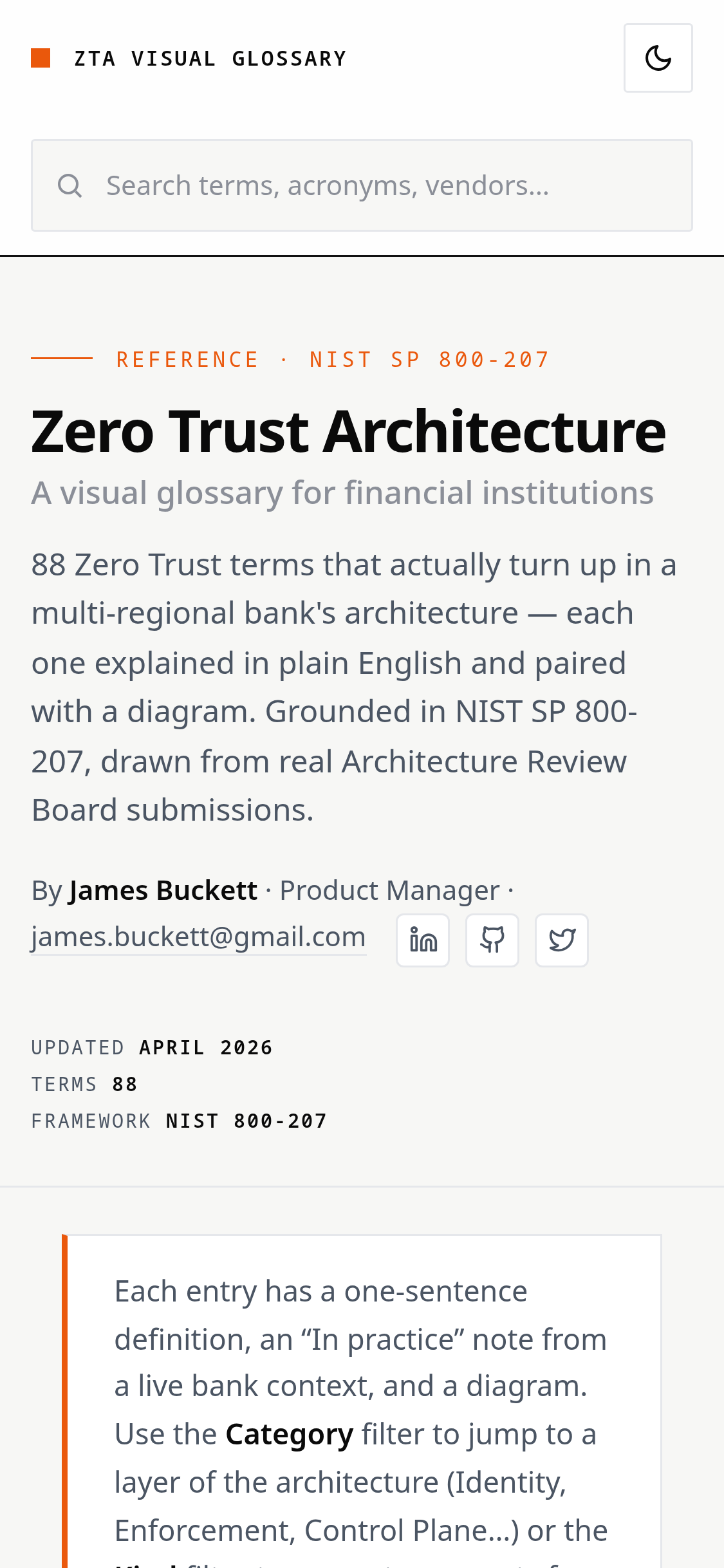 ZTA Visual Glossary — mobile view: stacked layout with the same search, category filters, and term cards.