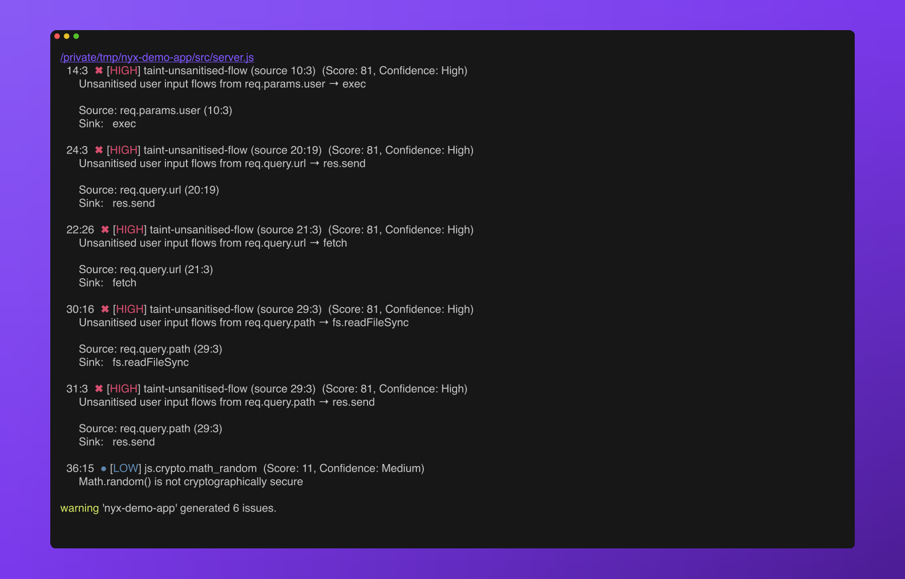 nyx scan console output: HIGH taint findings across a JS and Python file with source → sink arrows