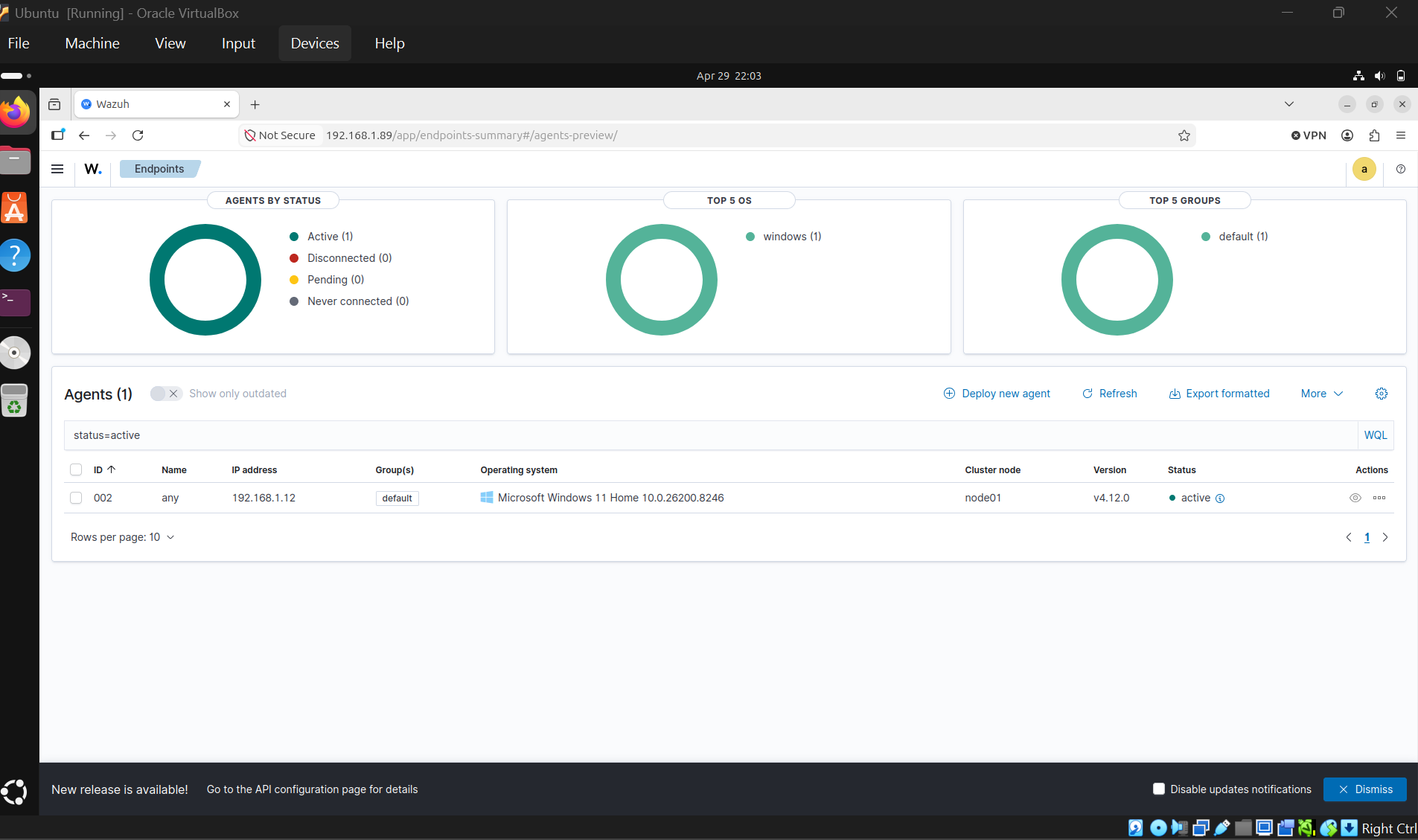 Wazuh Endpoints 页面显示代理 ID 002 状态为 active,Windows 11 Home,版本 4.12.0