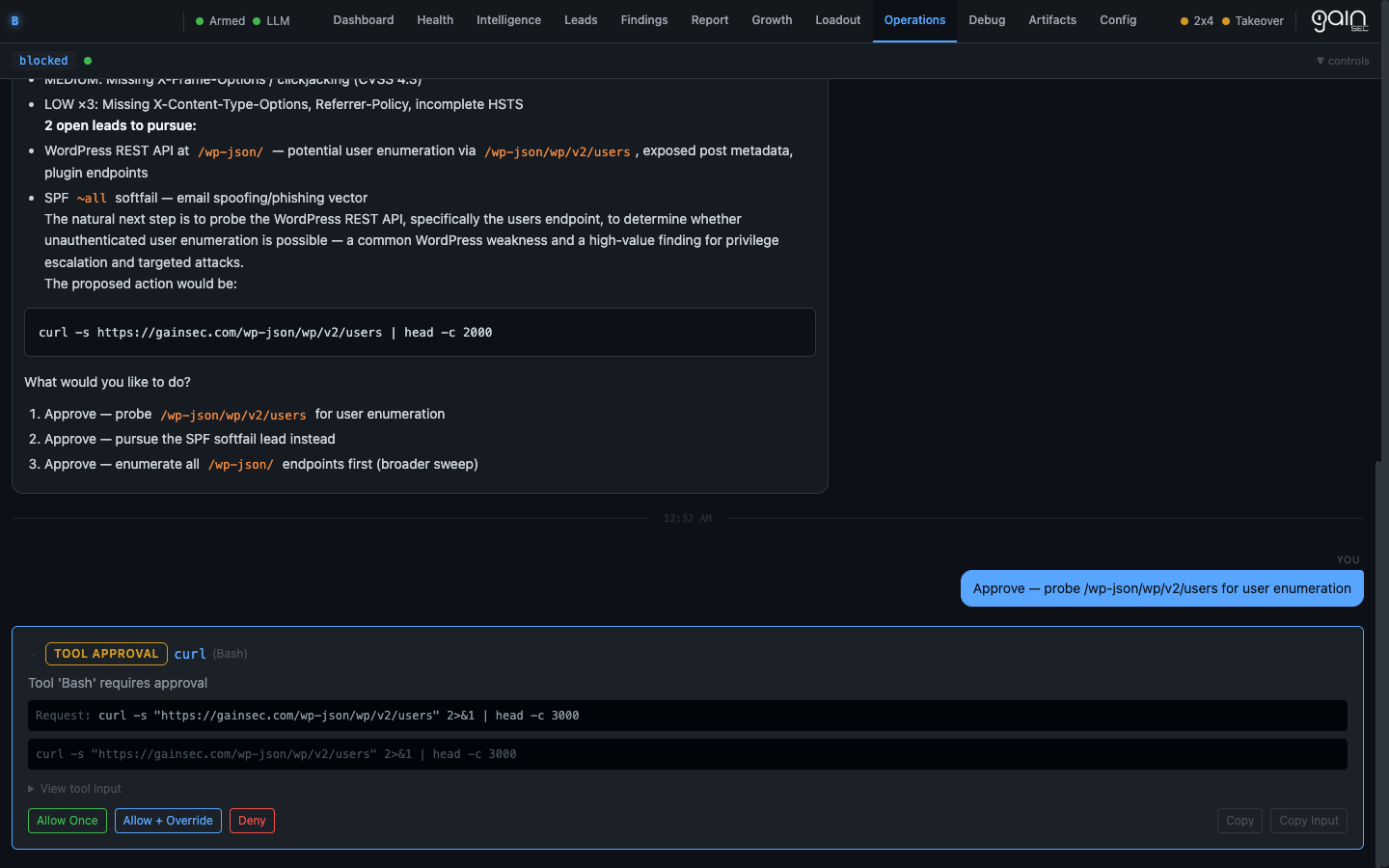 Operations 选项卡 — 聊天界面并固定了 TOOL APPROVAL 模态框