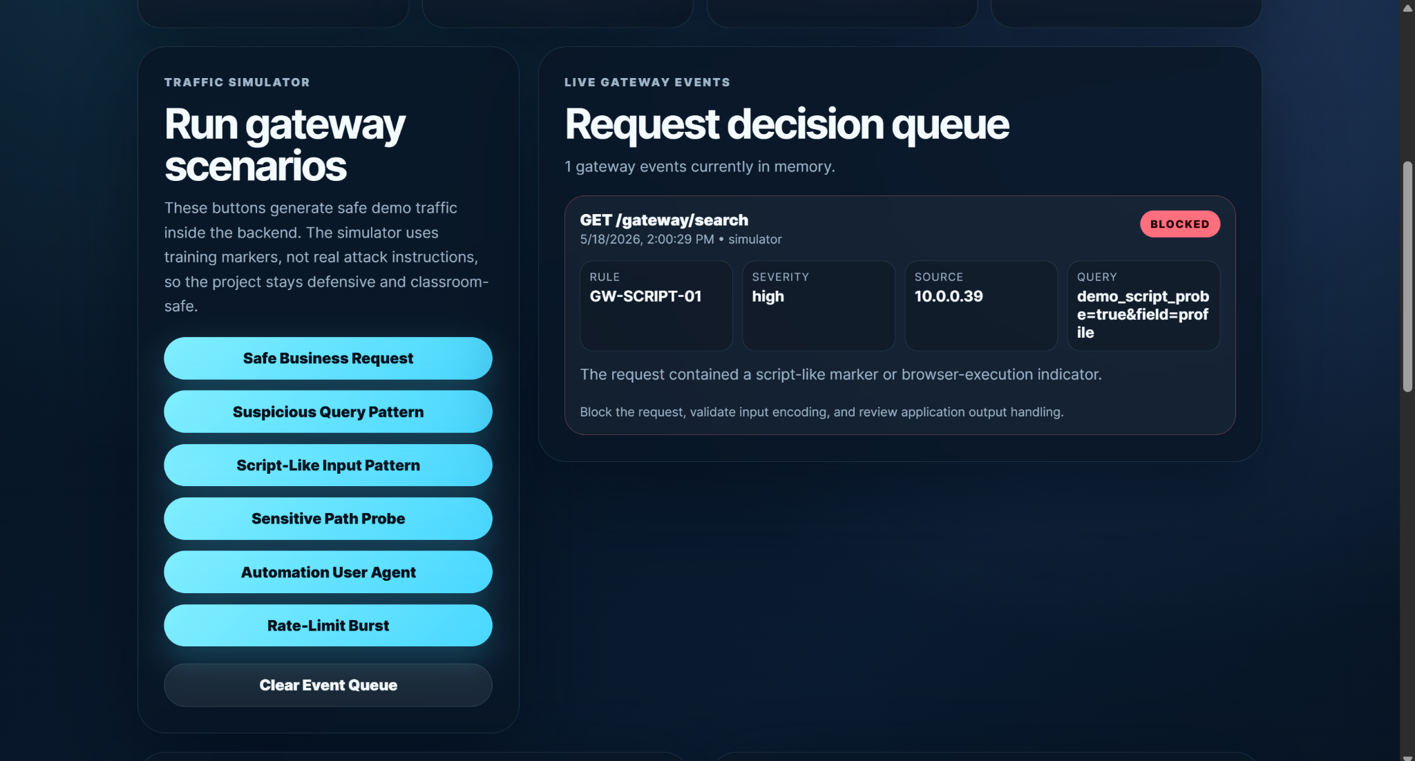 GateWatch blocked script-like input screenshot
