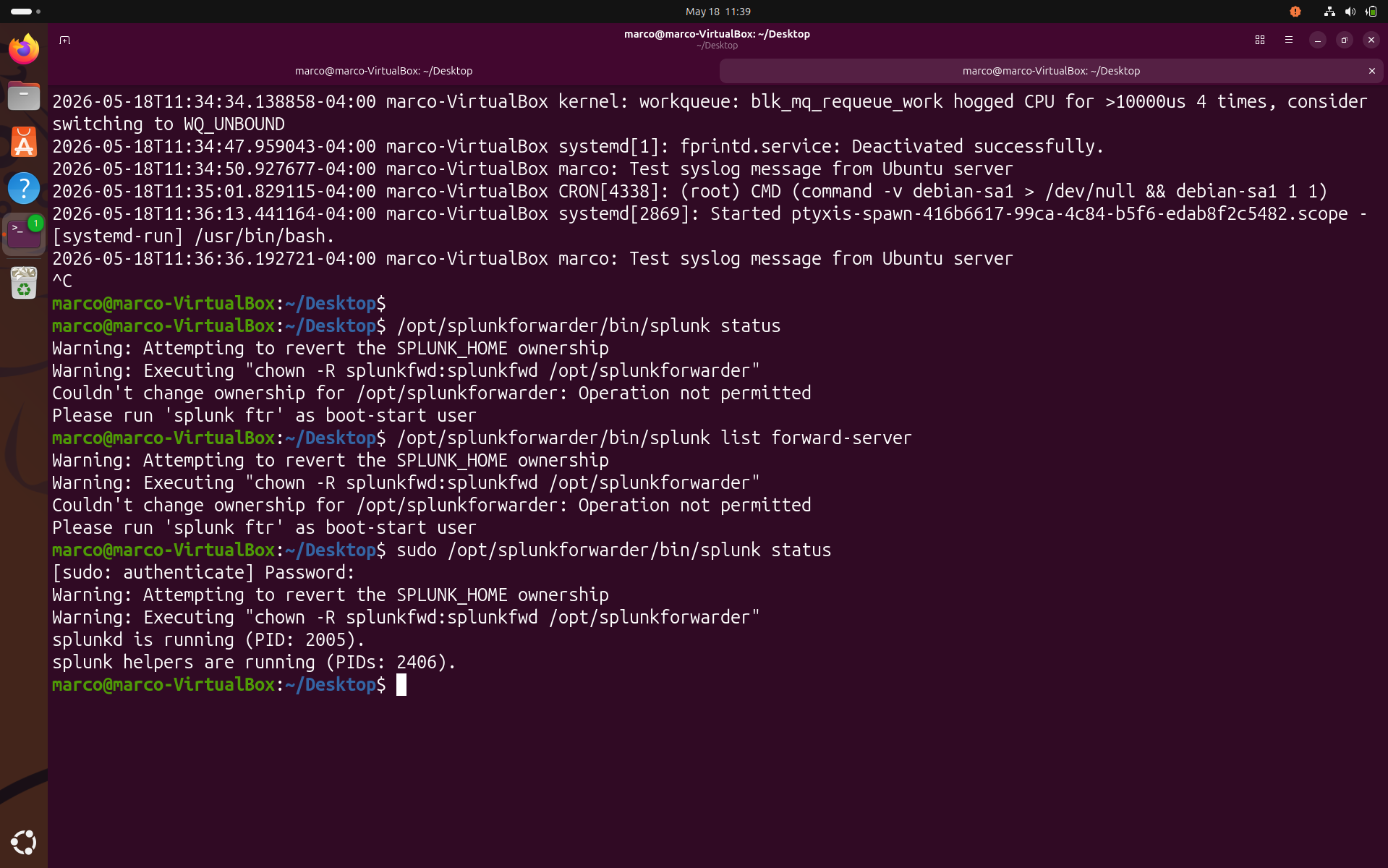 splunk active in ubuntu