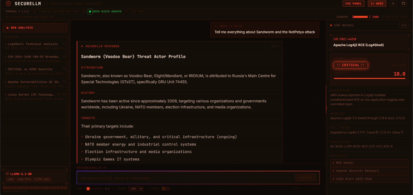 SecureLLM V2 — Sandworm threat actor profile with attribution, targets, and NotPetya campaign