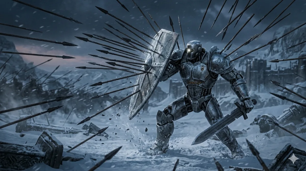 A hardened robotic warrior shielding against incoming prompt-injection spears