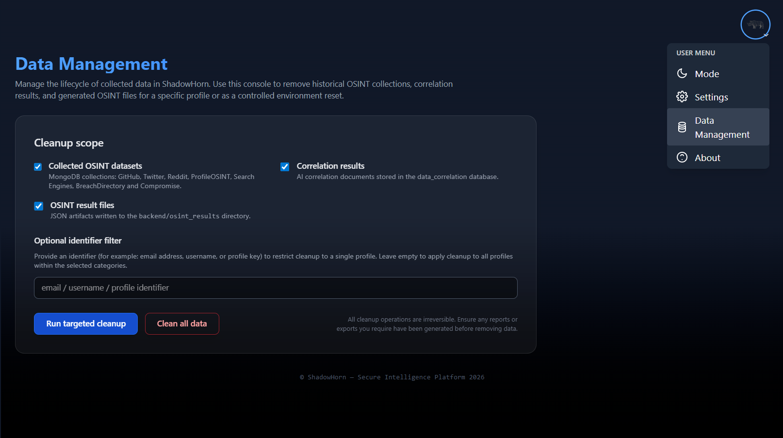 Data Management Screenshot